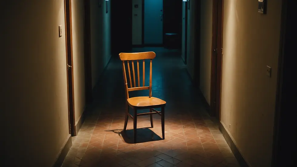High angle view of an empty chair in a dimly lit corridor