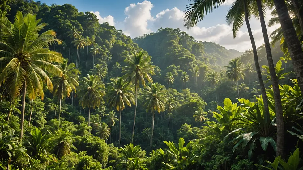 Wide angle view of tropical landscape with dense trees and vegetation