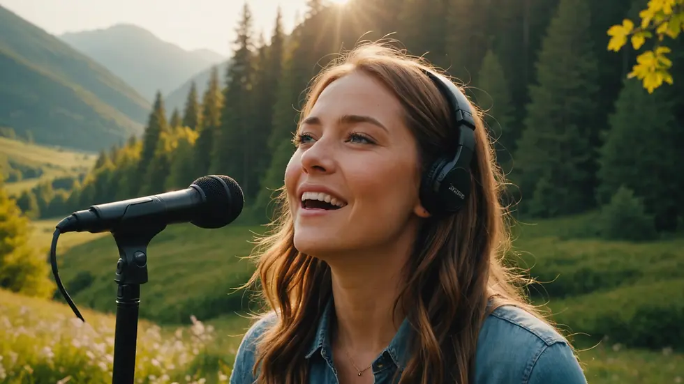 Eye-level view of a person singing joyfully in nature