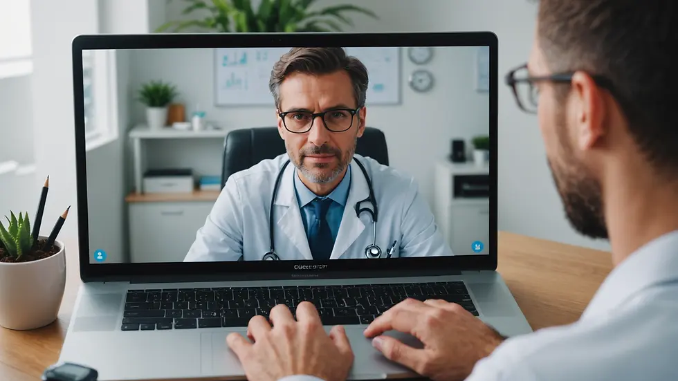 Eye-level view of a doctor on a video call during a consultation