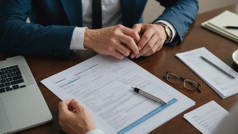 High angle view of a person reviewing health insurance documents at a table