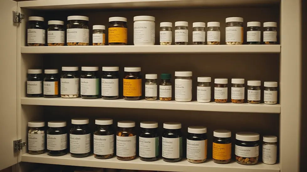 Close-up view of a medicine cabinet filled with various medications