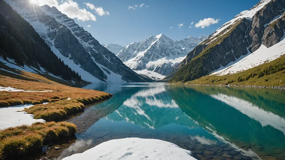 Wide-angle view of a serene mountain lake surrounded by snow-capped peaks