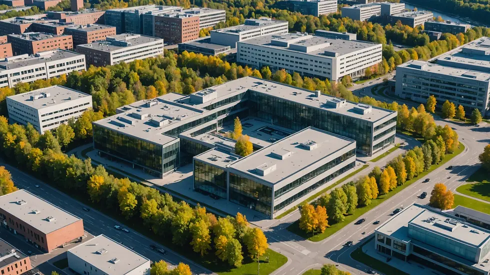 High angle view of the Karolinska Institute's modern research facilities