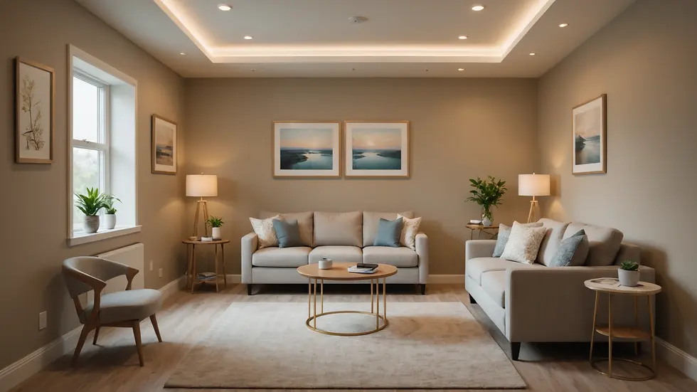 Eye-level view of a calming therapy room with soft lighting and comfortable seating