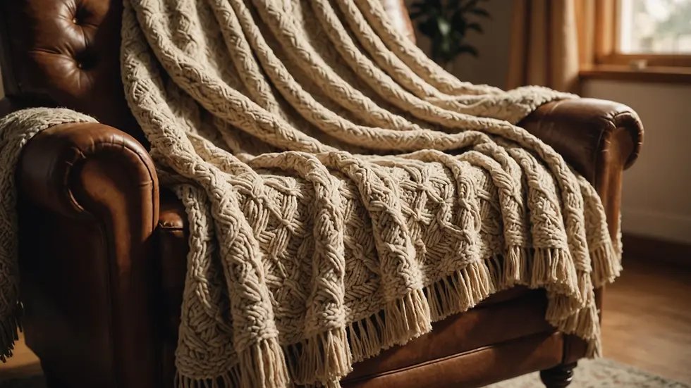 Close-up view of a cozy blanket draped over a chair in a warm setting