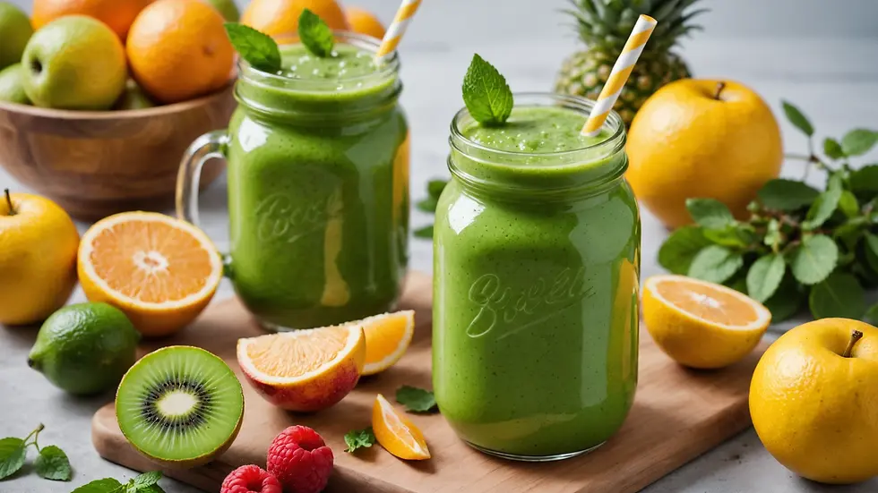 Close-up of a green smoothie in a glass jar surrounded by fresh fruits