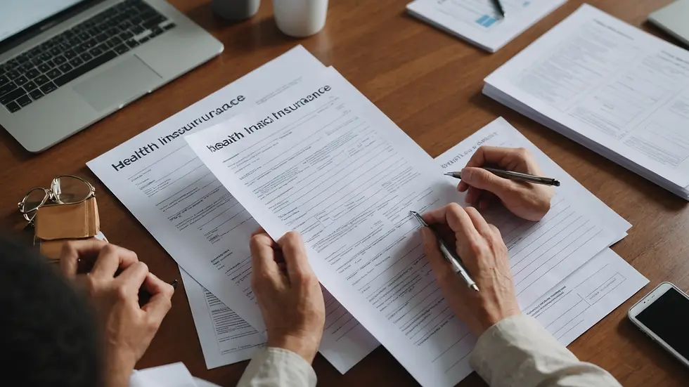 High angle view of a person reviewing health insurance documents