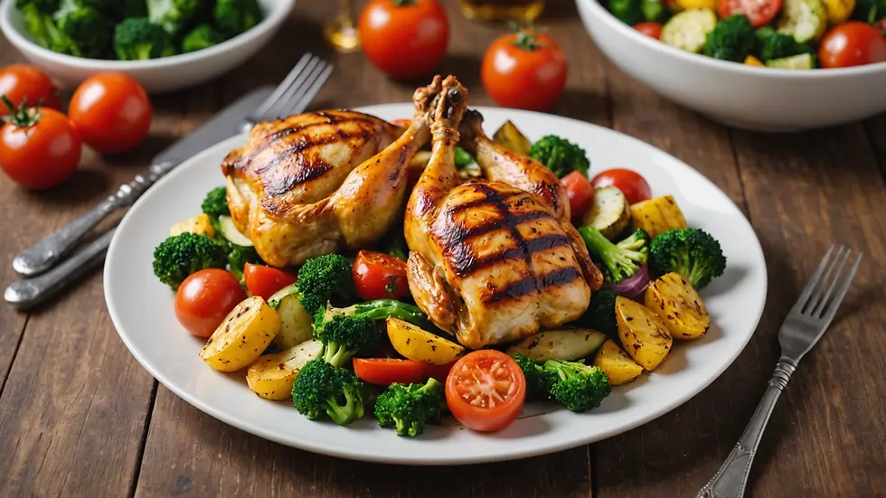 Eye-level view of a healthy meal with grilled chicken and vegetables
