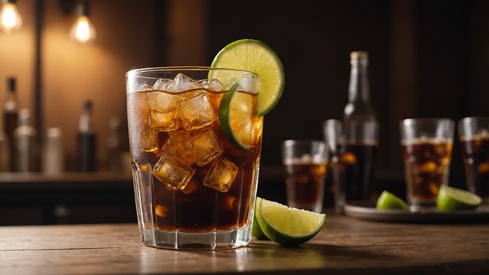 Eye-level view of a refreshing glass of cola served with ice and lime