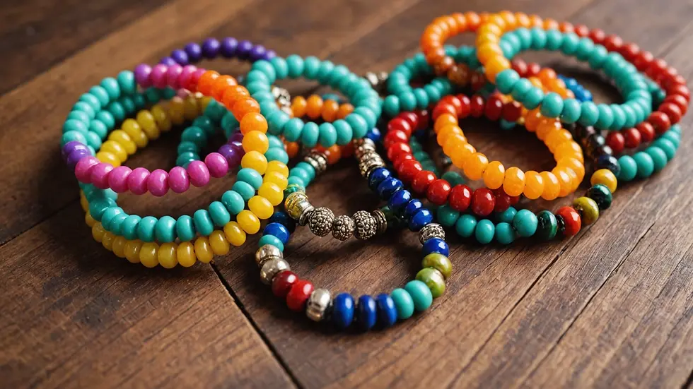 Eye-level view of a selection of colorful beaded bracelets on a wooden surface