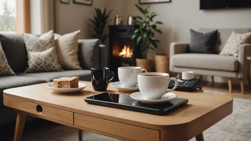 Eye-level view of a cozy living room setup with a cup of tea and a phone ready for a consultation