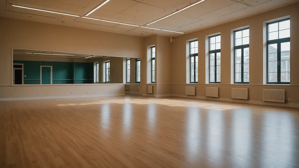 Eye-level view of an empty dance studio preparing for an Amapiano class