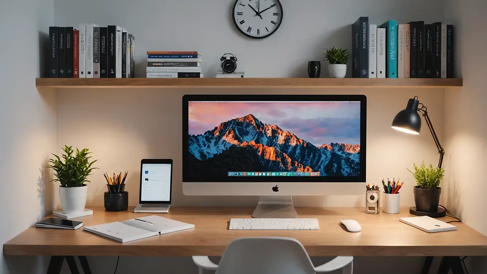 Eye-level view of a minimalist home office with a computer and health-related books