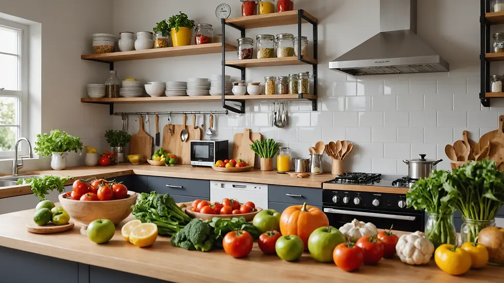 Eye-level view of an organized kitchen with fresh ingredients and a healthy cookbook