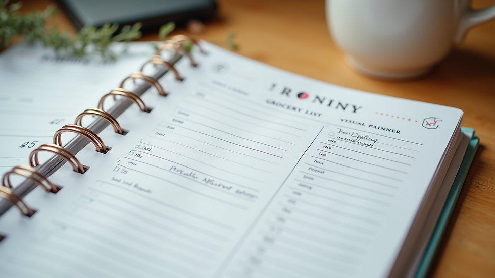 Close-up view of a weekly meal planner with grocery list