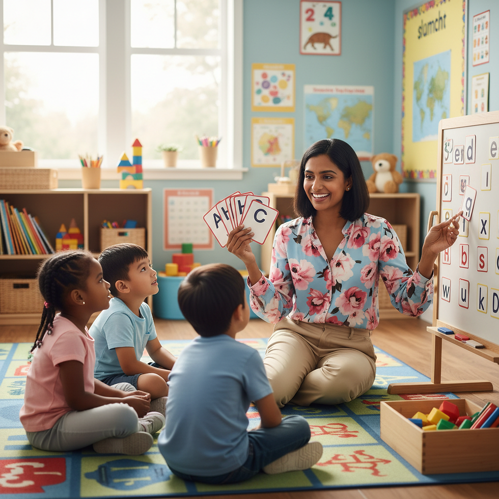 Childcare educator smiling in a bright classroom