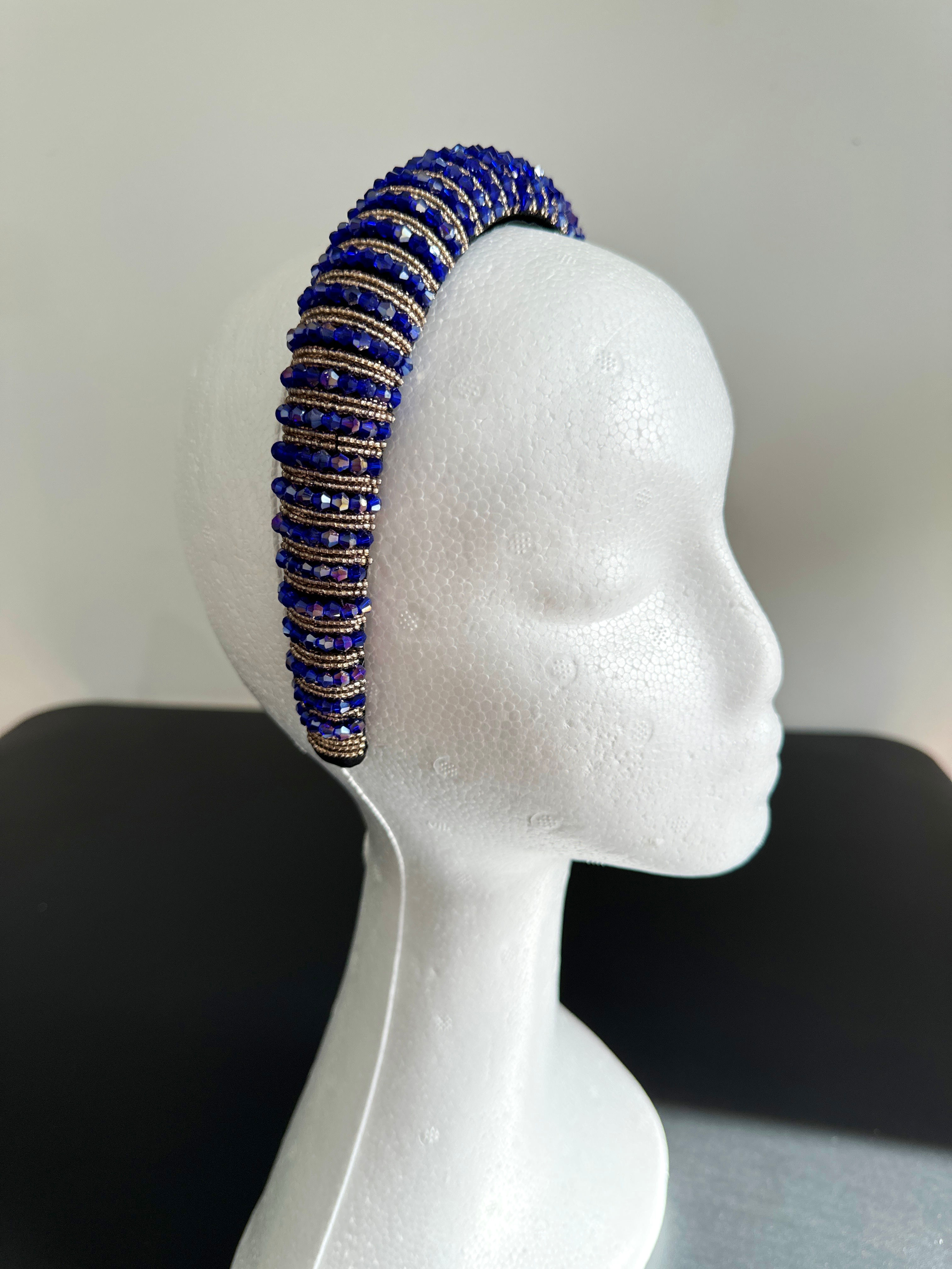 H152 Blue & Gold Beaded Headband 