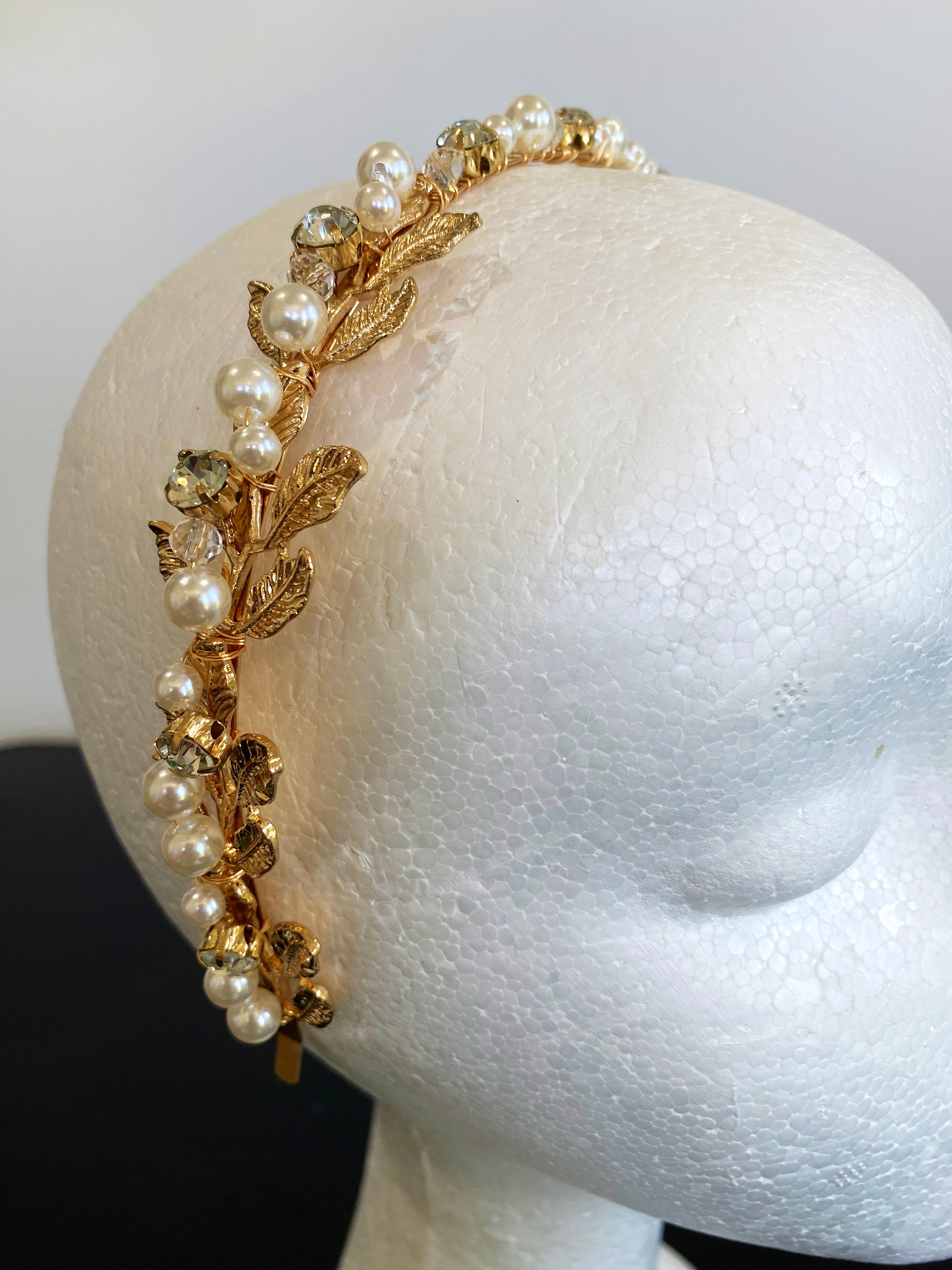 H046 diamanté pearl gold leaf headband