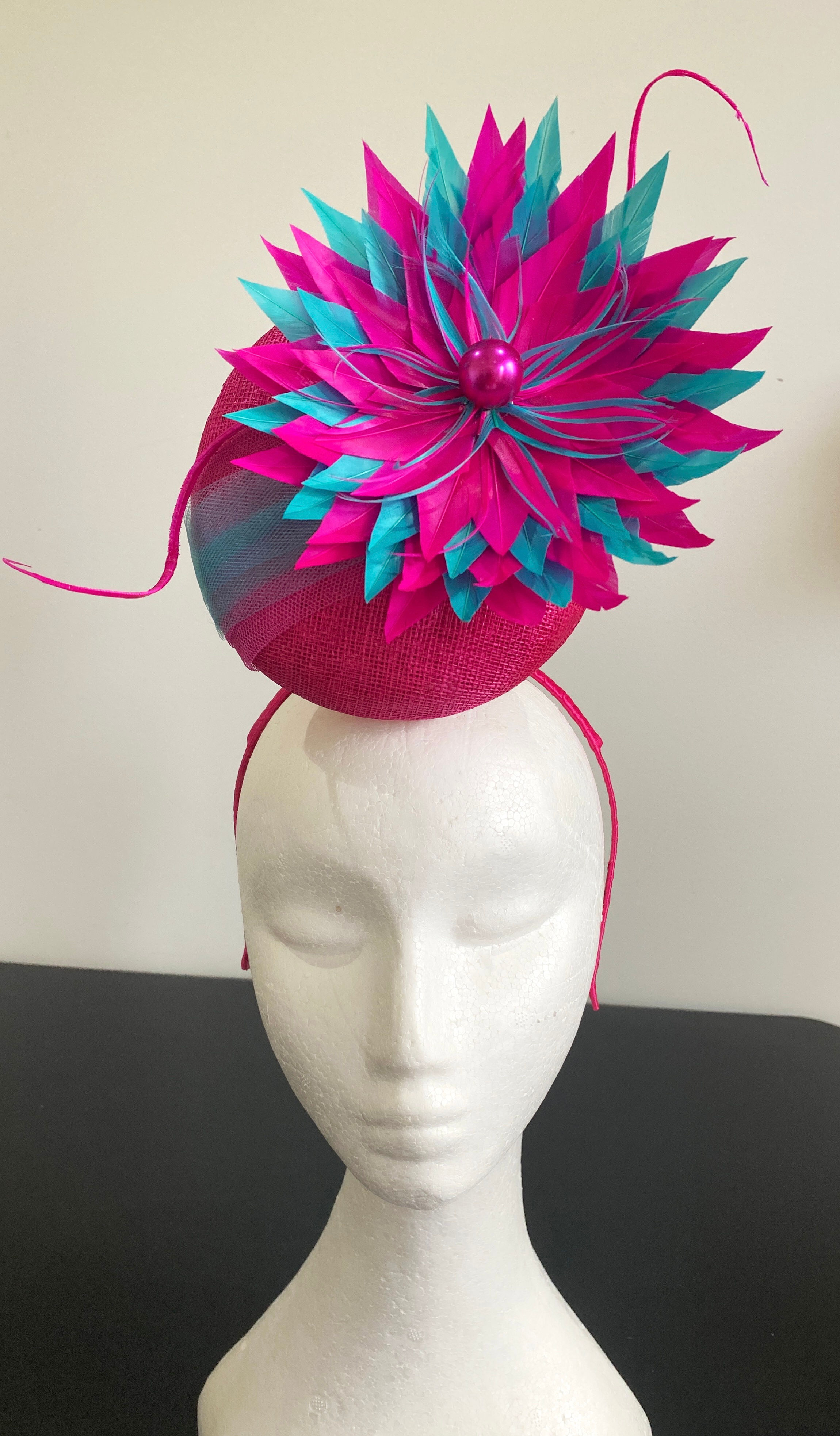 F038 Pink & Blue Feather Flower Fascinator