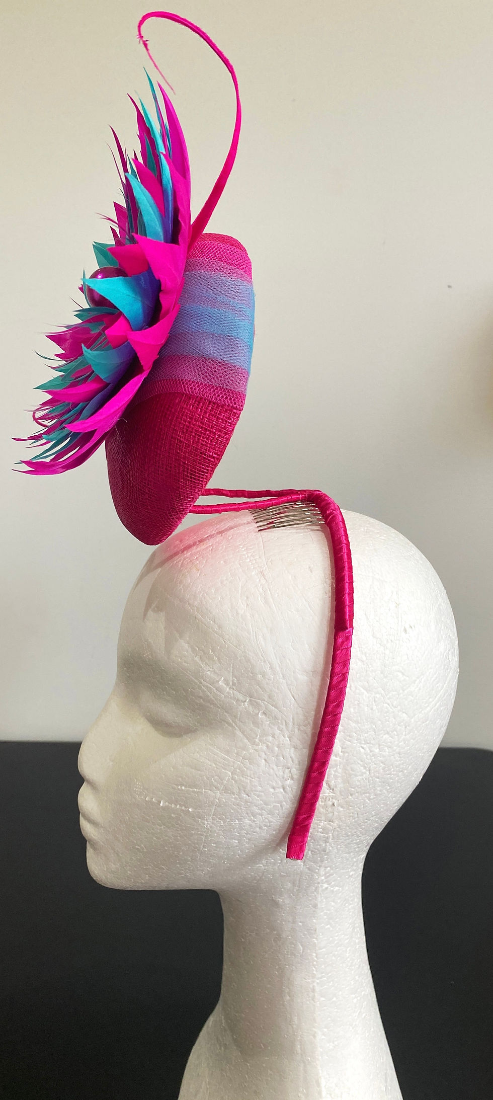 Thumbnail: F038 Pink & Blue Feather Flower Fascinator SOLD