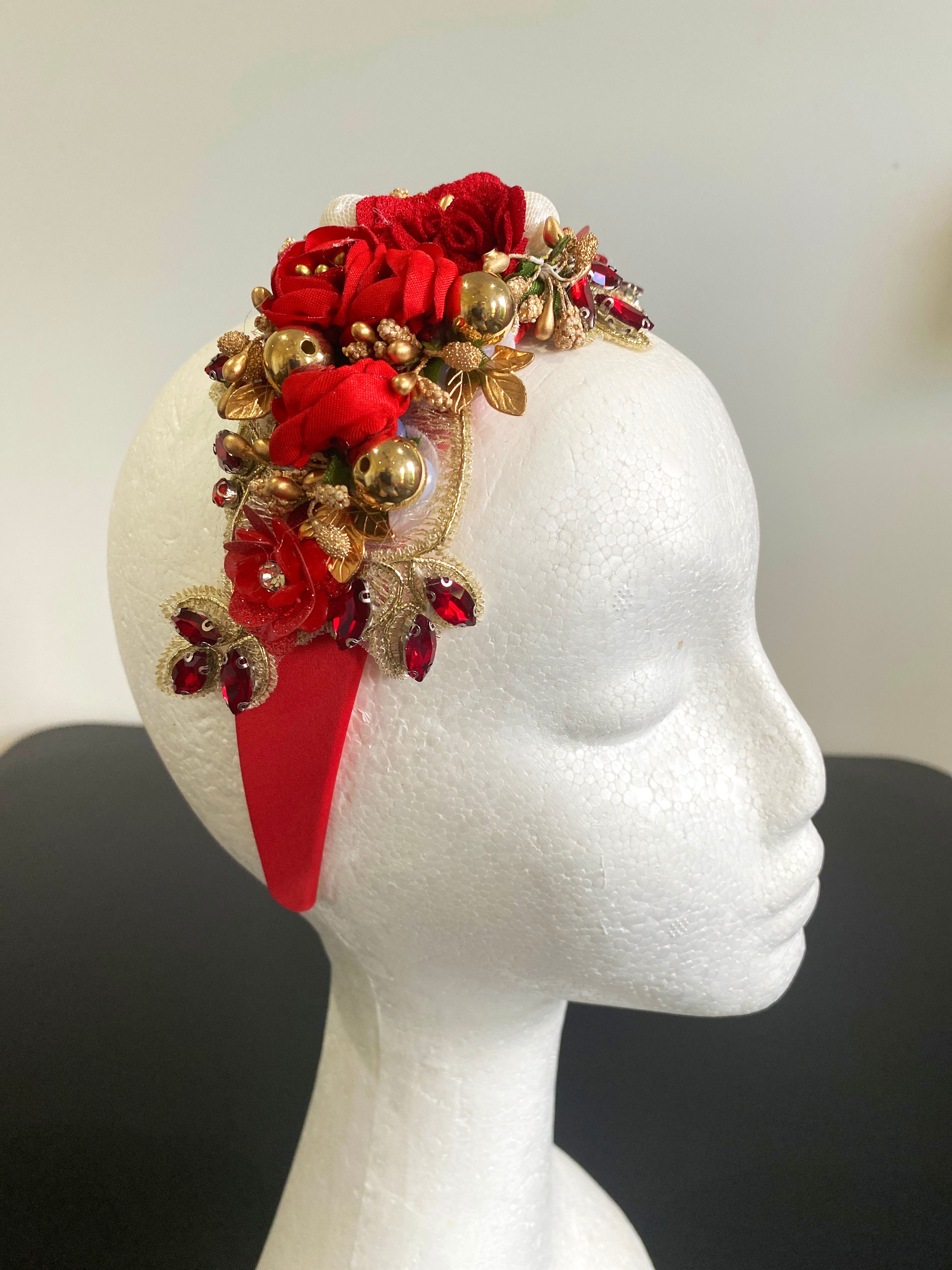 H102 Red & Gold Flower Headband