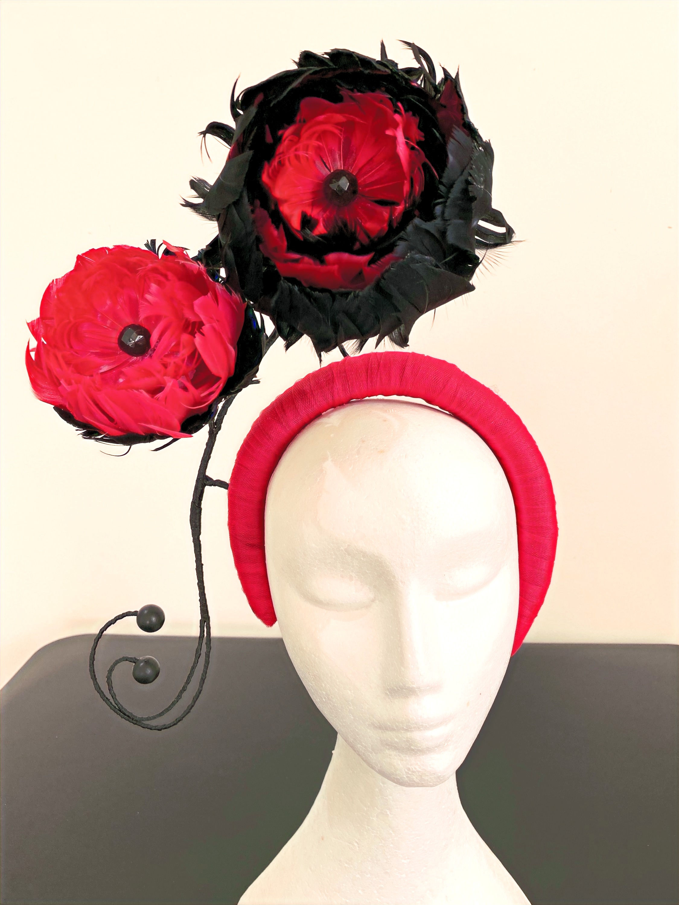 F023 Black & Red feather flower fascinator - Made in Aus