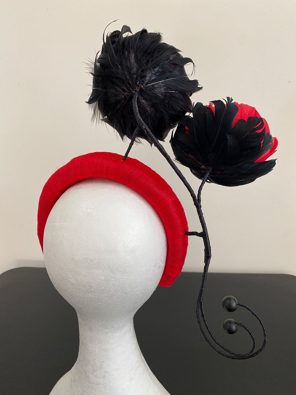 Thumbnail: F023 Black & Red feather flower fascinator - Made in Aus