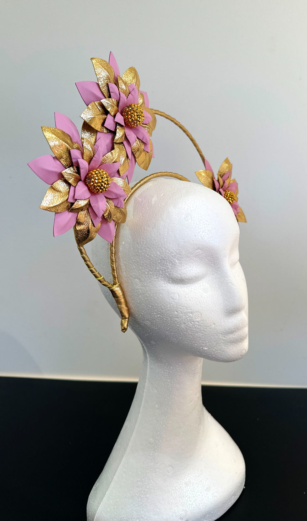 Thumbnail: F049 Pink & Gold Leather Flower Fascinator SOLD