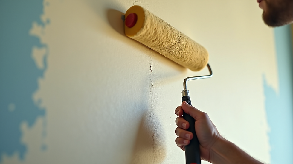 Eye-level view of painter applying paint to a wall with a roller