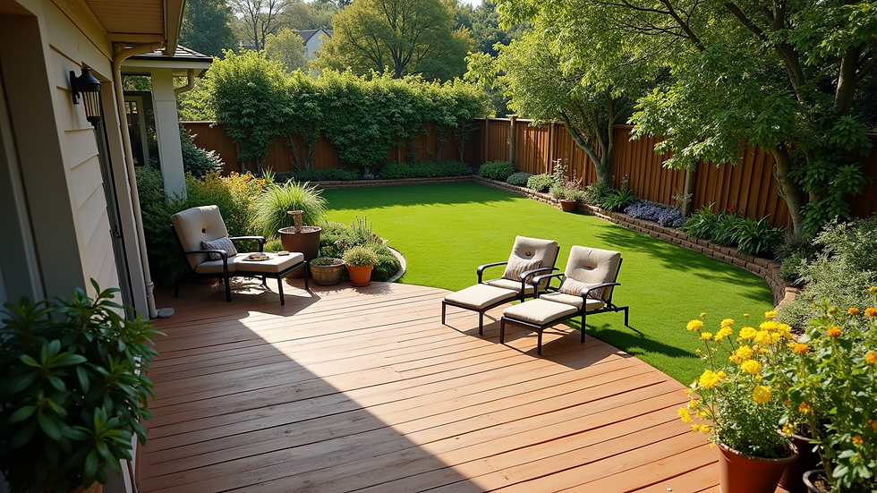 High-angle view of lush Trex deck in a backyard