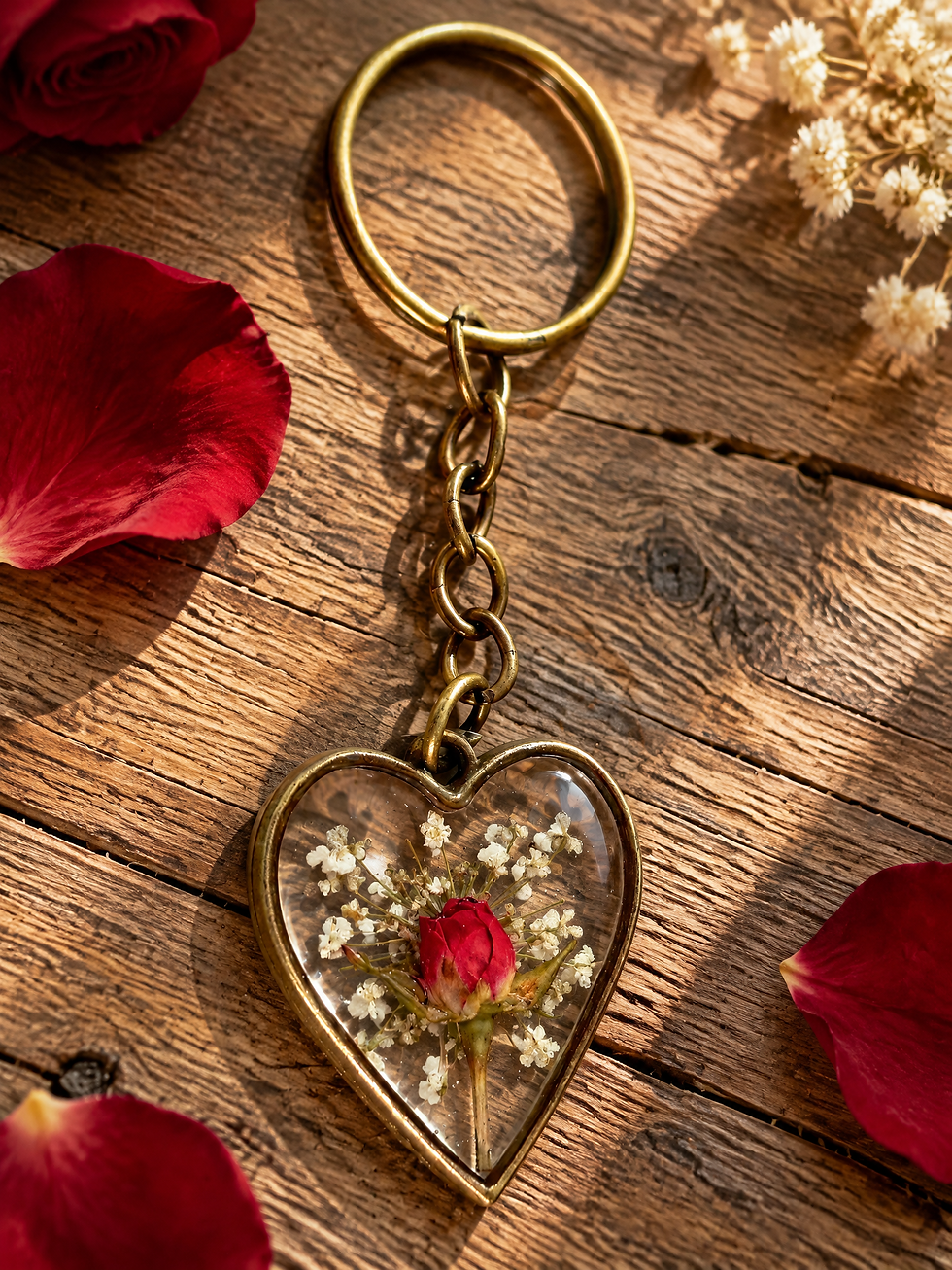 Thumbnail: Antique Bronze Heart Pressed Red Rose Keyring