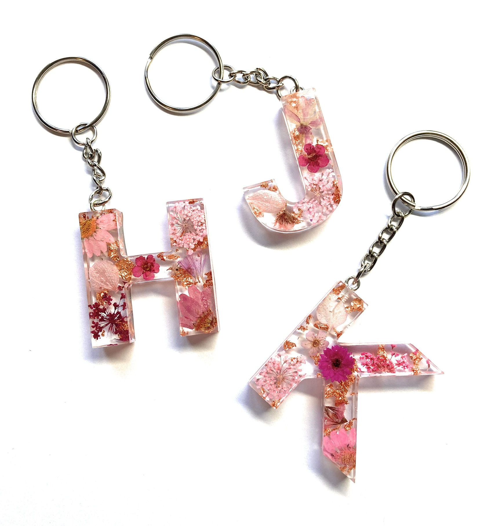 Personalised Mixed Pink Flowers Letter Keyring with Rose Gold bits