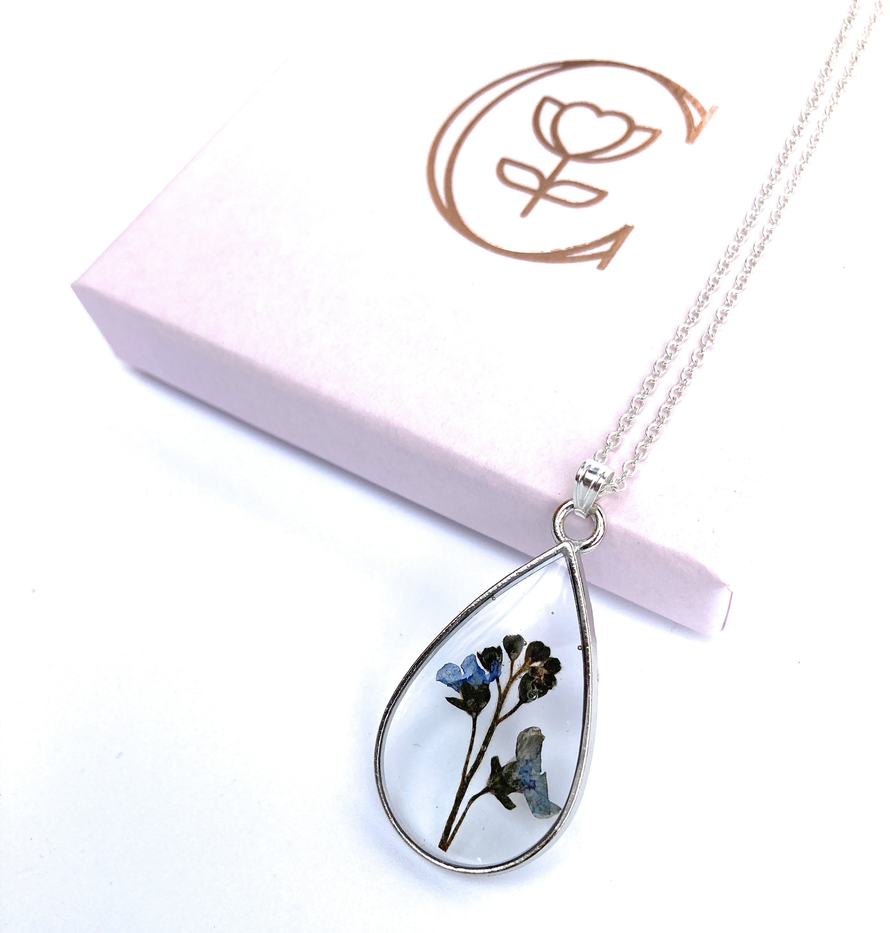 Forget Me Not Flower & Stem Teardrop Pendant and silver plated necklace