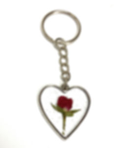 Silver Heart Shaped Pressed Red Rose Keyring