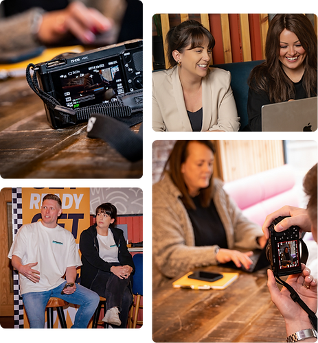 Collage of behind-the-scenes photos from Expansions Co. video production shoots