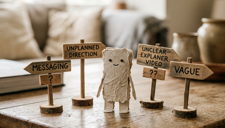 Eye-level view of a small paper character facing confusing signposts