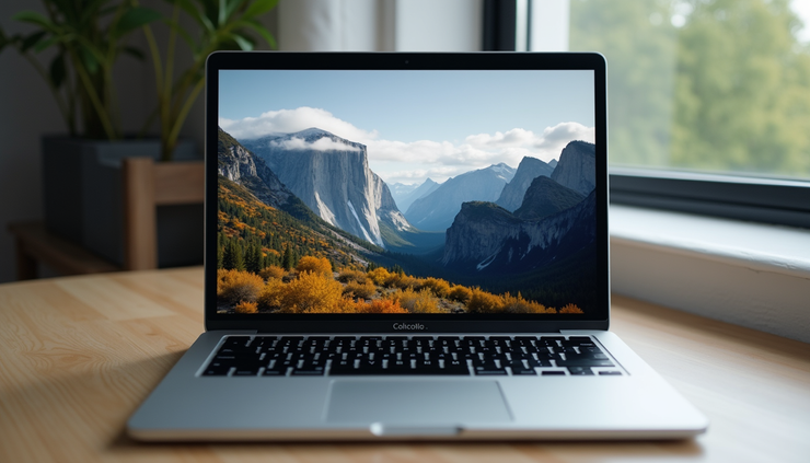 High angle view of a laptop screen showing a horizontal video of a mountain landscape