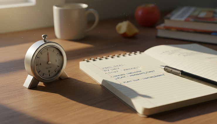 Close-up view of a kitchen timer counting down beside a notebook
