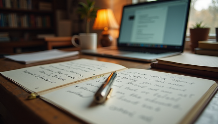 Eye-level view of a writer’s desk with scattered notes and a laptop