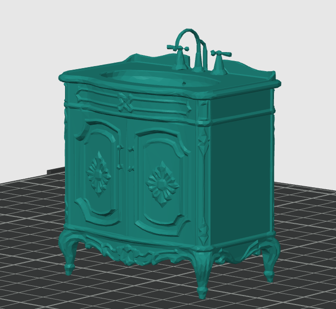Ornate teal vanity with sink and faucet