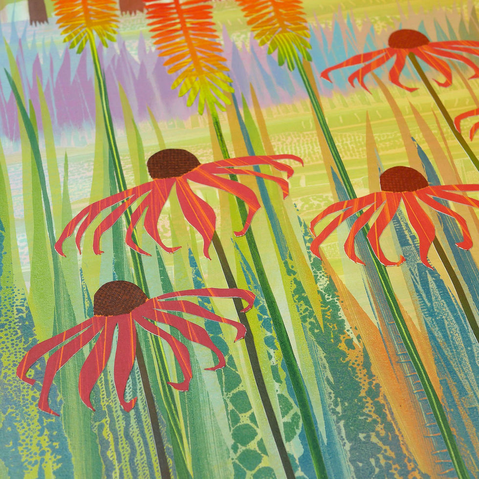 Thumbnail: Rebecca Vincent Golden Hour garden painting with flowers trees rudbeckia achillea knifophia canvas print