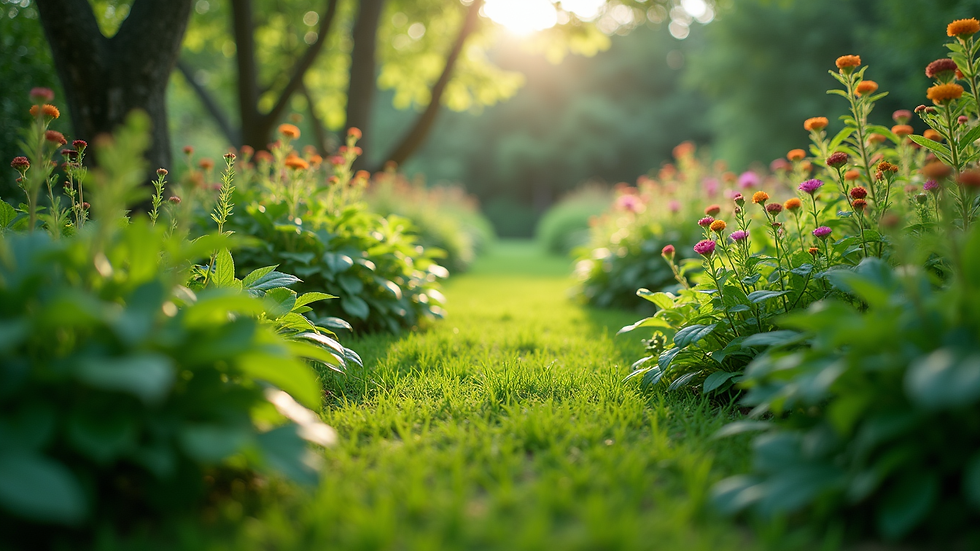 Eye-level view of a lush green garden with diverse plants