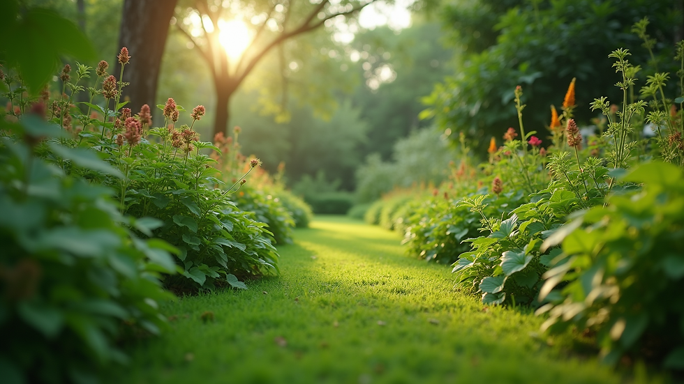 Eye-level view of a lush green garden with diverse plants