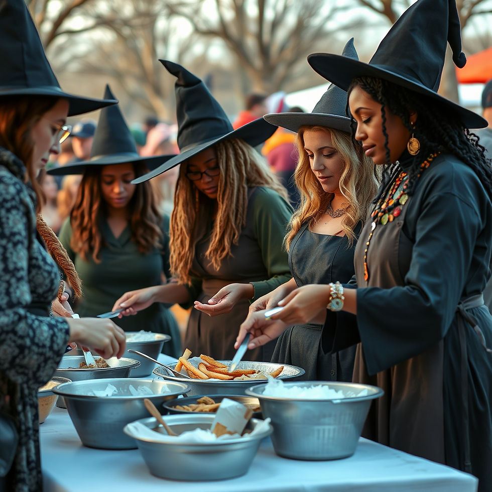 Women in witch hats stand at a table, serving food from metal bowls. Autumn trees are in the background, creating a festive atmosphere.
