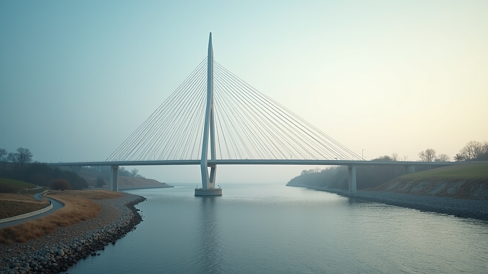Eye-level view of a modern bridge connecting two landscapes
