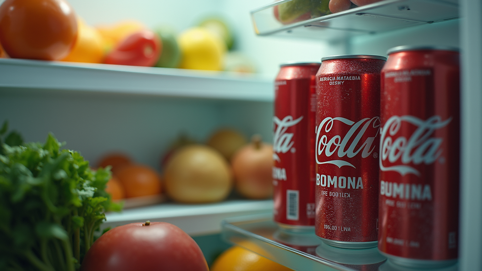 High angle view of a fridge stocked with healthy food and a six pack of energy drinks