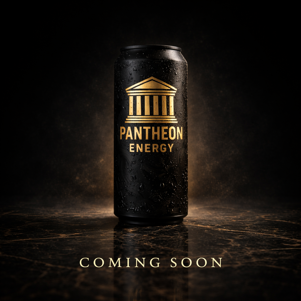 Black Pantheon Energy can with gold logo and 'Coming Soon' message