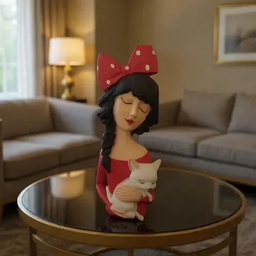 Thumbnail: Modern Lady with White Puppy Sculpture Statue nWhimsical Red Bow Figurine