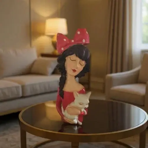 Modern Lady with White Puppy Sculpture Statue nWhimsical Red Bow Figurine